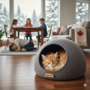 A calming enclosed cat bed for privacy, providing a secure sanctuary for anxious indoor cats.