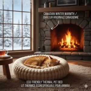 Illustration of a cat tucked into a thermal, eco friendly cat bed during a Canadian winter, lit by a fireplace.