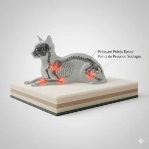 Illustration of a cat's skeletal structure highlighting pressure points eased by an orthopedic cat bed (lit orthopédique pour chat).