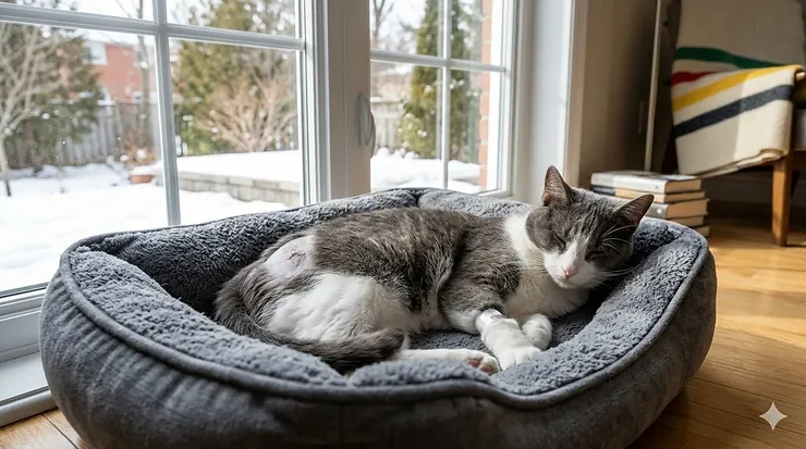 A domestic shorthair cat resting in a grey orthopedic cat bed for post-surgery recovery in a cozy Canadian home with a snowy window view.