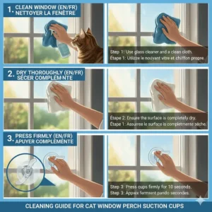 Step-by-step guide on cleaning glass for maximum suction cup grip for a cat window bed.