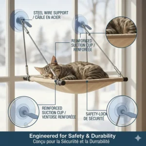Safety-focused illustration of a cat window hammock highlighting reinforced suction cups and steel wire supports.