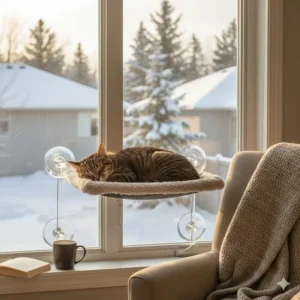 A cozy tabby cat napping on a cat window perch bed with suction cups during a sunny Canadian winter morning.