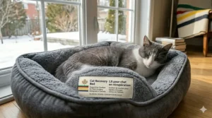 Canadian cat care illustration showing a "Lit pour chat" suitable for post-surgery recovery (récupération post-chirurgie).