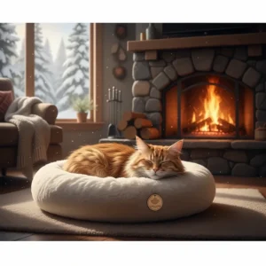 A fluffy cat sleeping soundly in a round luxury plush cat bed next to a cozy fireplace.