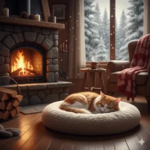 Illustration of a ginger cat curled up in a plush self-warming bed next to a rustic fireplace in Canada.