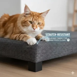 Close-up illustration of scratch-resistant fabric on a sturdy cat bed designed for large Maine Coon claws.