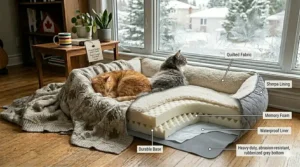 A detailed cross-section showing the internal layers of an extra large cat bed, including memory foam and a waterproof liner for multiple cats.