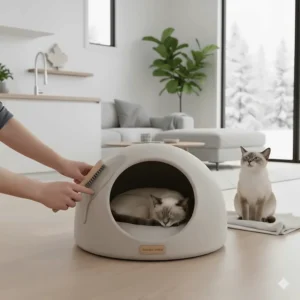 A durable, easy-to-clean enclosed cat bed for privacy made from high-quality sustainable materials.