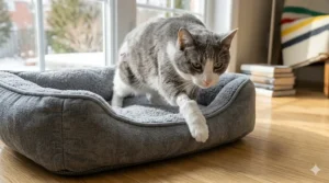 A low-rimmed cat bed design allowing easy entry for cats with limited mobility after surgery.