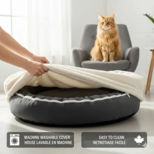 A person easily removing the machine-washable cover of a large cat bed, highlighting easy maintenance.