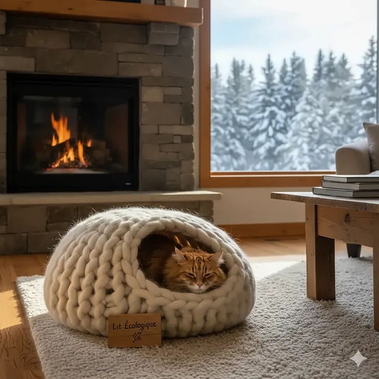 A cozy, eco friendly cat bed made of sustainable wool in a sunlit Canadian living room with a pine forest view.