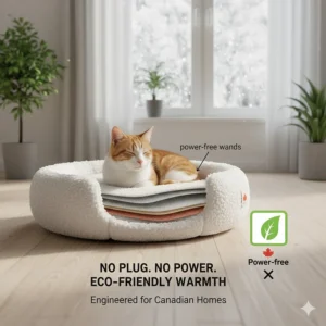 A no-plug self-warming cat bed illustration highlighting electricity-free safety for Canadian pet owners.