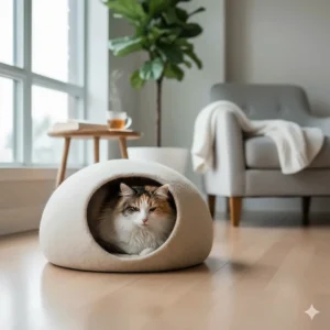 Hand-felted wool cat cave, an eco-friendly cat bed choice for sustainable Canadian apartments.