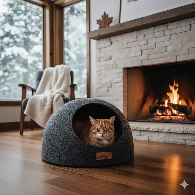A grey felt enclosed cat bed for privacy placed on a hardwood floor in a cozy Canadian living room with soft lighting.