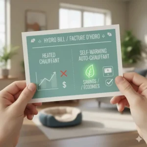 Illustration showing the electricity-free benefits of a self-warming cat bed for eco-conscious Canadian pet owners.