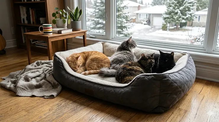 Four domestic cats of different breeds curled up together in a grey extra large cat bed in a sunlit Canadian living room with a snowy window view.