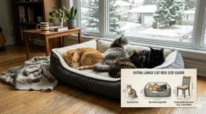 A size comparison guide showing an extra large cat bed for multiple cats next to a standard cat and common Canadian household furniture.