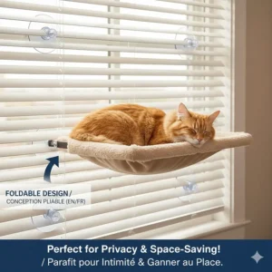 Illustration of a foldable cat window perch bed with suction cups that allows blinds to close, perfect for Canadian privacy.
