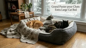 Photorealistic scene of cats in an extra large bed with bilingual English and French text: Grand Panier pour Chats / Extra Large Cat Bed.