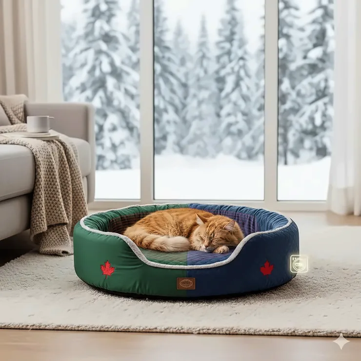 A cozy cat resting indoors during a snowy Canadian winter, illustrating the choice between a heated vs self-warming cat bed for cold climates.
