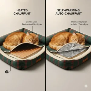Comparison diagram of a heated vs self-warming cat bed showing internal thermal layers and electric heating elements.