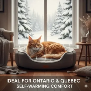 Illustration of a self-warming cat bed for Maine Coons, ideal for cold Canadian winters in Ontario and Quebec.