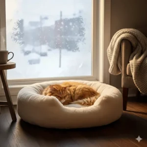 Soft, self-warming cat bed providing extra insulation for Canadian winter apartment living.