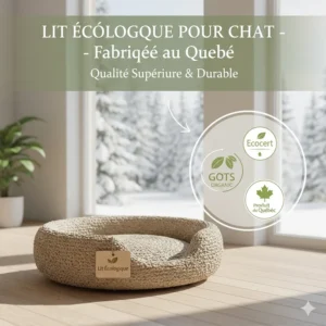 French-focused illustration of a sustainable pet bed (lit écologique pour chat) featuring eco-friendly certifications.