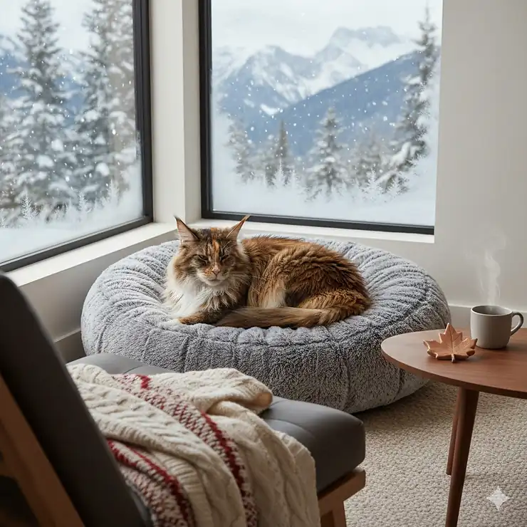 A large Maine Coon cat sleeping comfortably in a heavy-duty grey cat bed in a bright Canadian living room.