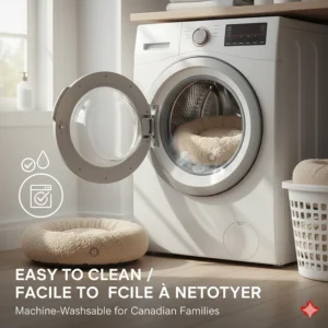 Simple graphic showing a cat bed being easily cleaned, emphasizing low maintenance for busy Canadian families.