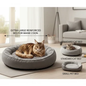 Comparison chart showing a large Maine Coon fitting perfectly in an extra-large reinforced cat bed.