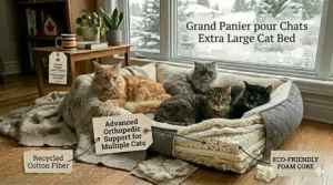 A high-detail lifestyle shot of an extra large cat bed for multiple cats integrated into a stylish, minimalist Canadian interior with warm natural light.