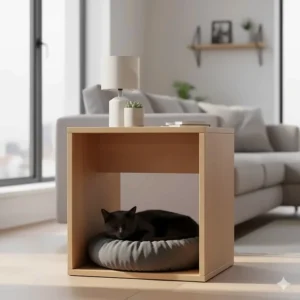 Scandinavian style side table with built-in cat bed for multi-functional urban apartment use.