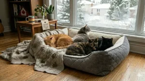 Four different cats—ginger, grey, tortoiseshell, and black—peacefully sharing a spacious, extra large cat bed in a modern home.