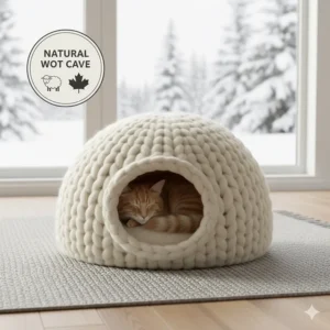 Minimalist illustration of a handmade natural wool cat cave, a popular eco friendly cat bed choice in Canada.