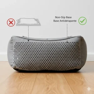 Illustration showing the non-slip bottom of an orthopedic cat bed to prevent sliding on hardwood floors.