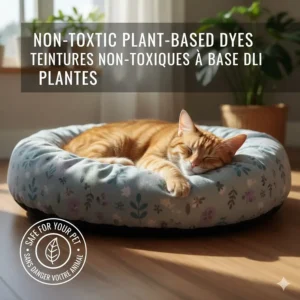 Illustration of a cat sleeping on a bed colored with non-toxic, plant-based dyes for a healthy Canadian home.