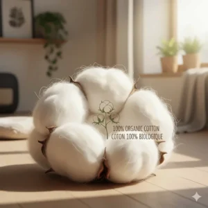 Illustration of 100% organic cotton fibers used in eco friendly cat beds, designed for sustainable Canadian homes.
