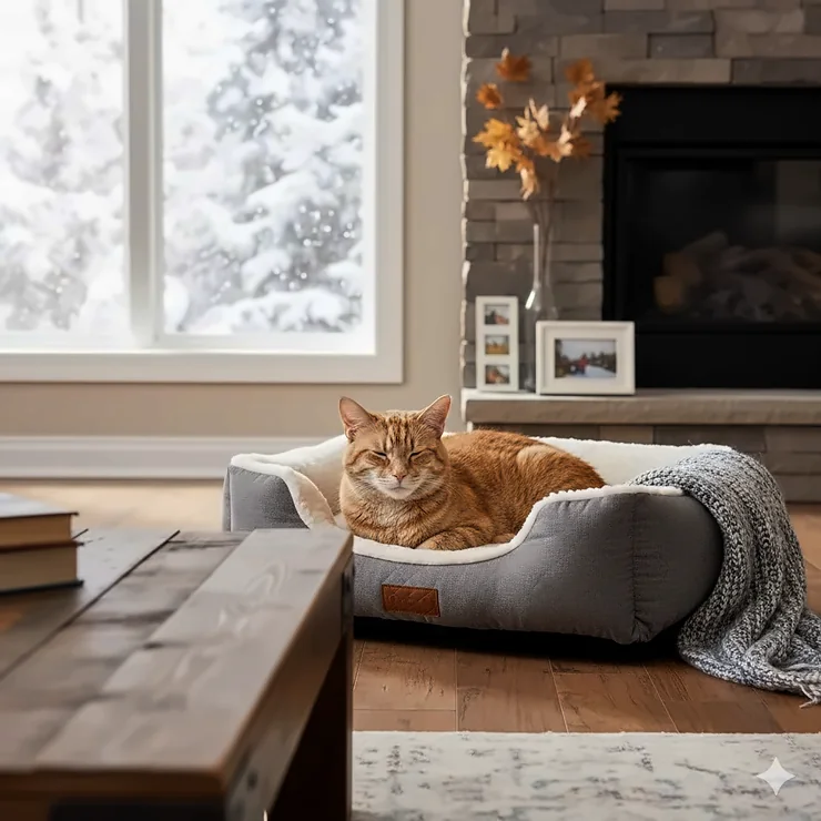 A senior tabby cat resting comfortably on an orthopedic cat bed for arthritis in a sunlit Canadian living room. orthopedic cat bed arthritis