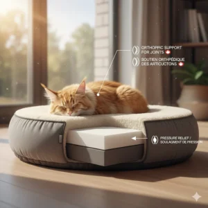 Illustration showing memory foam layers in a cat bed providing joint support for heavy Maine Coon cats.