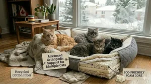 Close-up of an extra large cat bed showing orthopedic foam support designed to handle the weight and comfort of multiple cats.