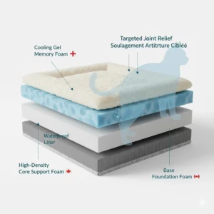 Diagram showing multi-layer memory foam in an orthopedic cat bed providing joint relief for arthritic cats.
