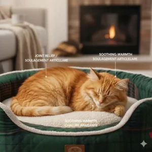 Senior cat experiencing joint comfort on an orthopedic heated cat bed, ideal for cold Canadian provinces.