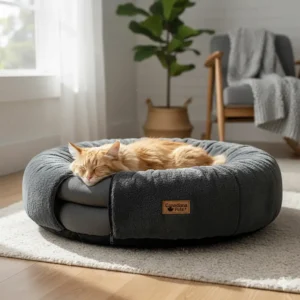 A luxury plush cat bed with orthopedic memory foam support for senior cats.