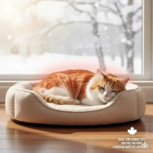 An older cat resting comfortably in a self-warming bed, ideal for soothing joints during cold Ontario winters.