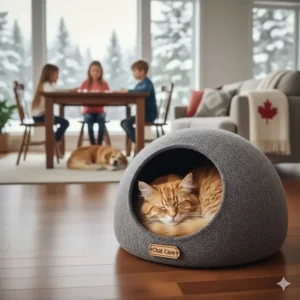 A cat hiding inside an enclosed cat bed for privacy and quiet time in a busy household.