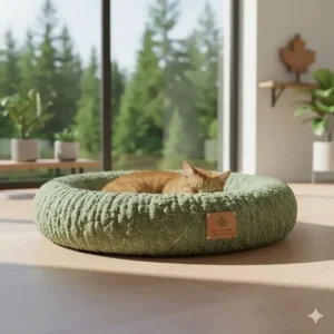 Illustration of an eco-conscious cat bed under $50 made from recycled materials for the green-living Canadian.