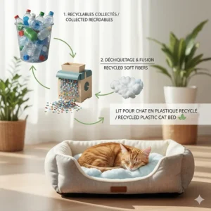 Illustration of the recycling process turning plastic bottles into soft, eco friendly cat bed stuffing.