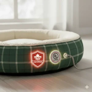 Safety-certified heated cat bed with Canadian electrical standards icons to ensure pet security during winter.